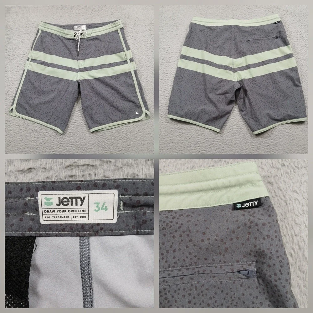 Jetty Boardshorts‎ Mens 34 Gray Green Stripe Swim Surf Trunks